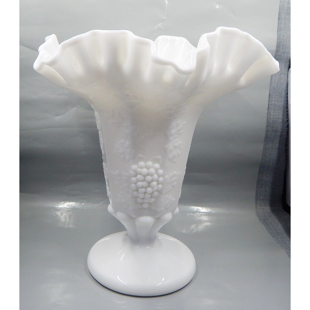 Westmoreland Milk Glass Grape Paneled Ruffled Crimped Edge Footed Vase